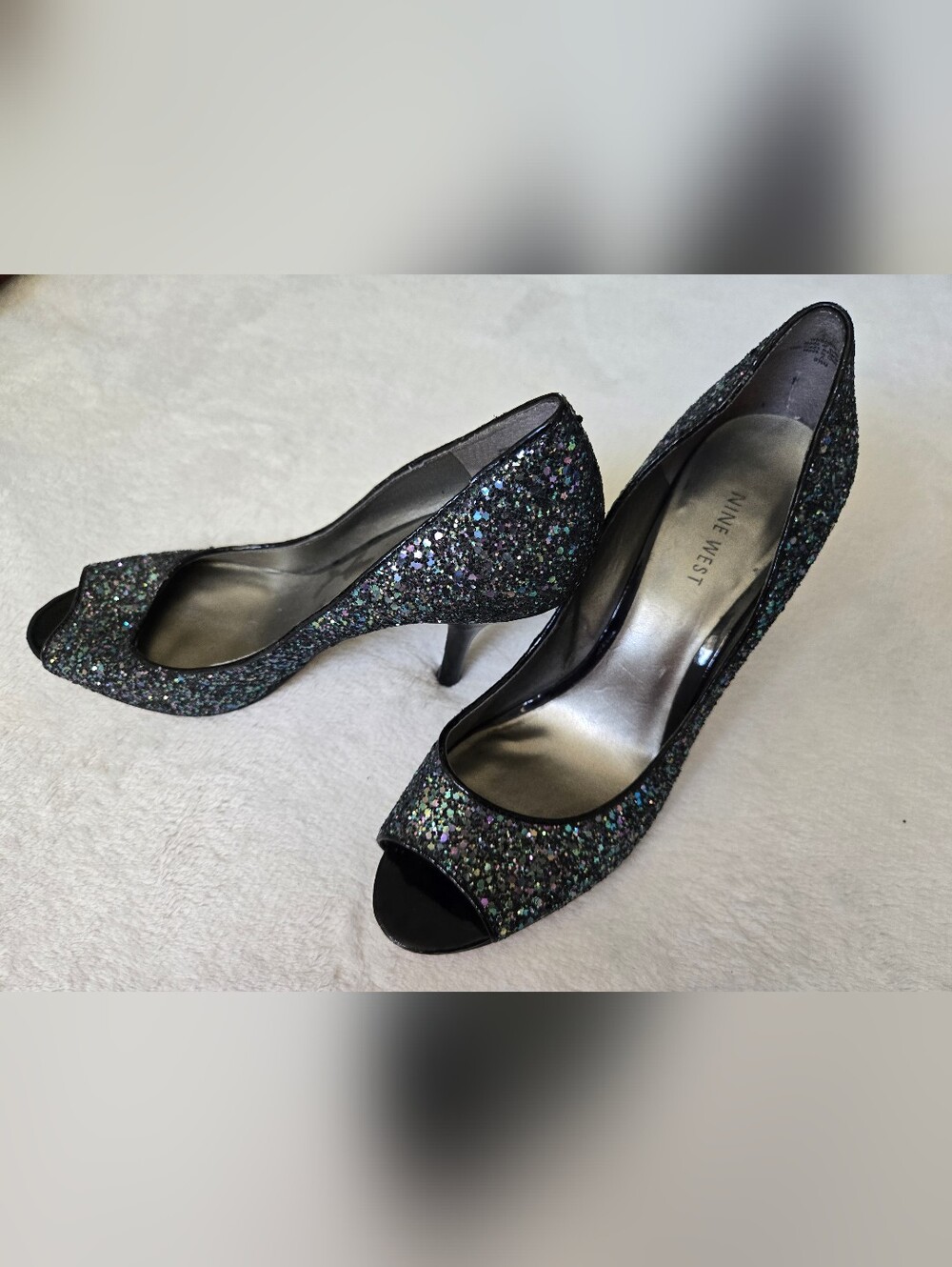 Nine West Black Multi-Glitter Peep-Toe Stiletto Heels